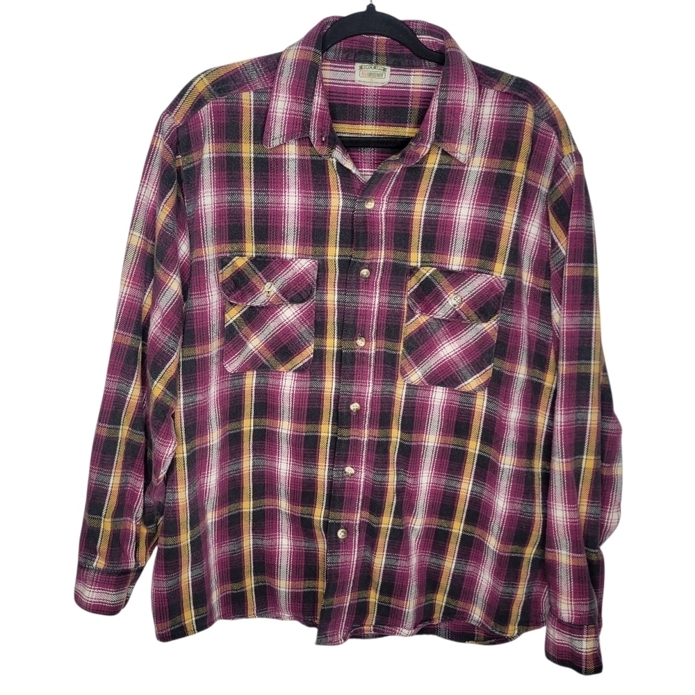 Vintage 80s Five Brother Mens Flannel Shirt in Maroon Yellow White Size XL